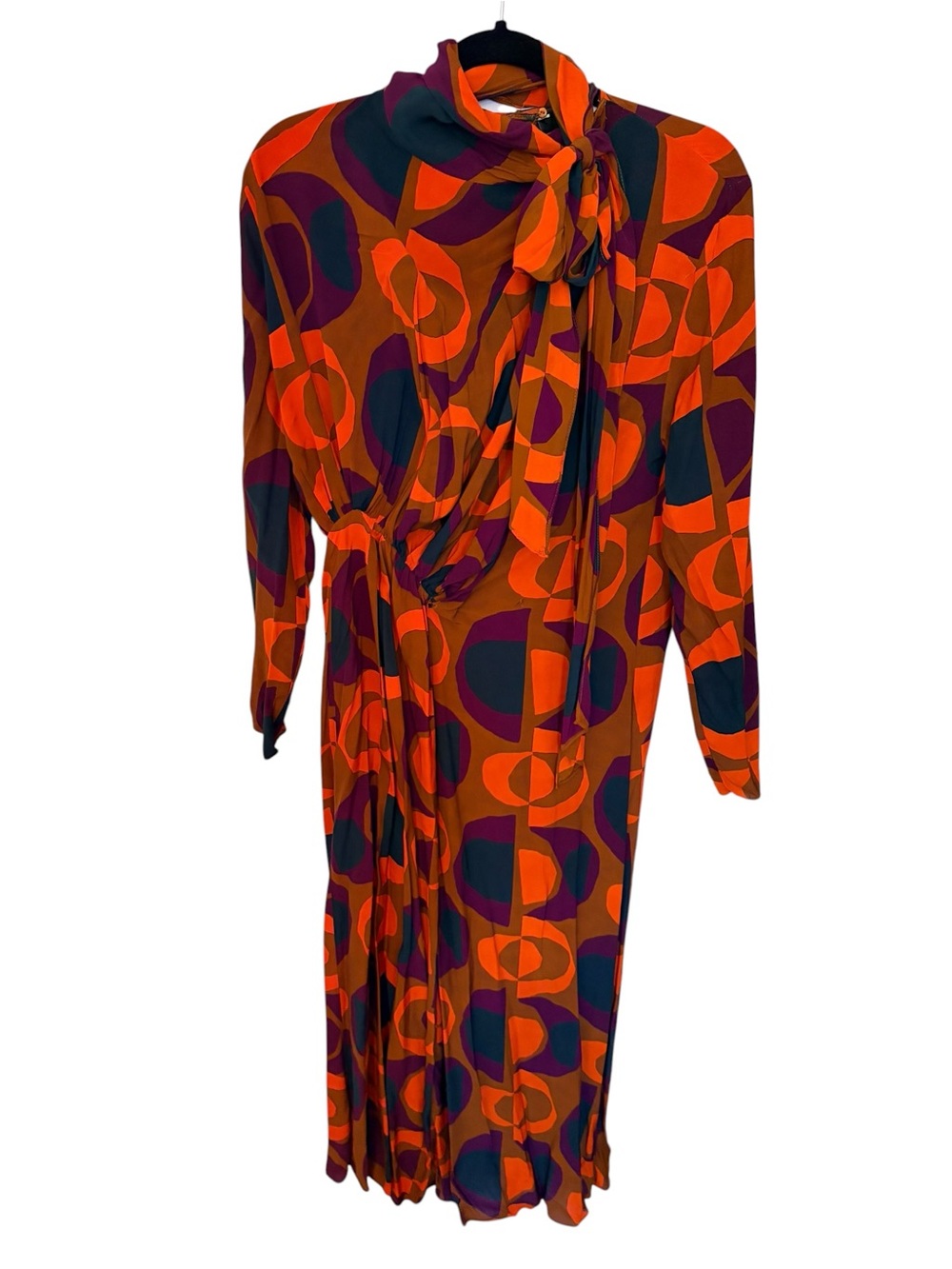 Zara Orange & Purple Retro Geometric Long Sleeve Tie-Neck Dress